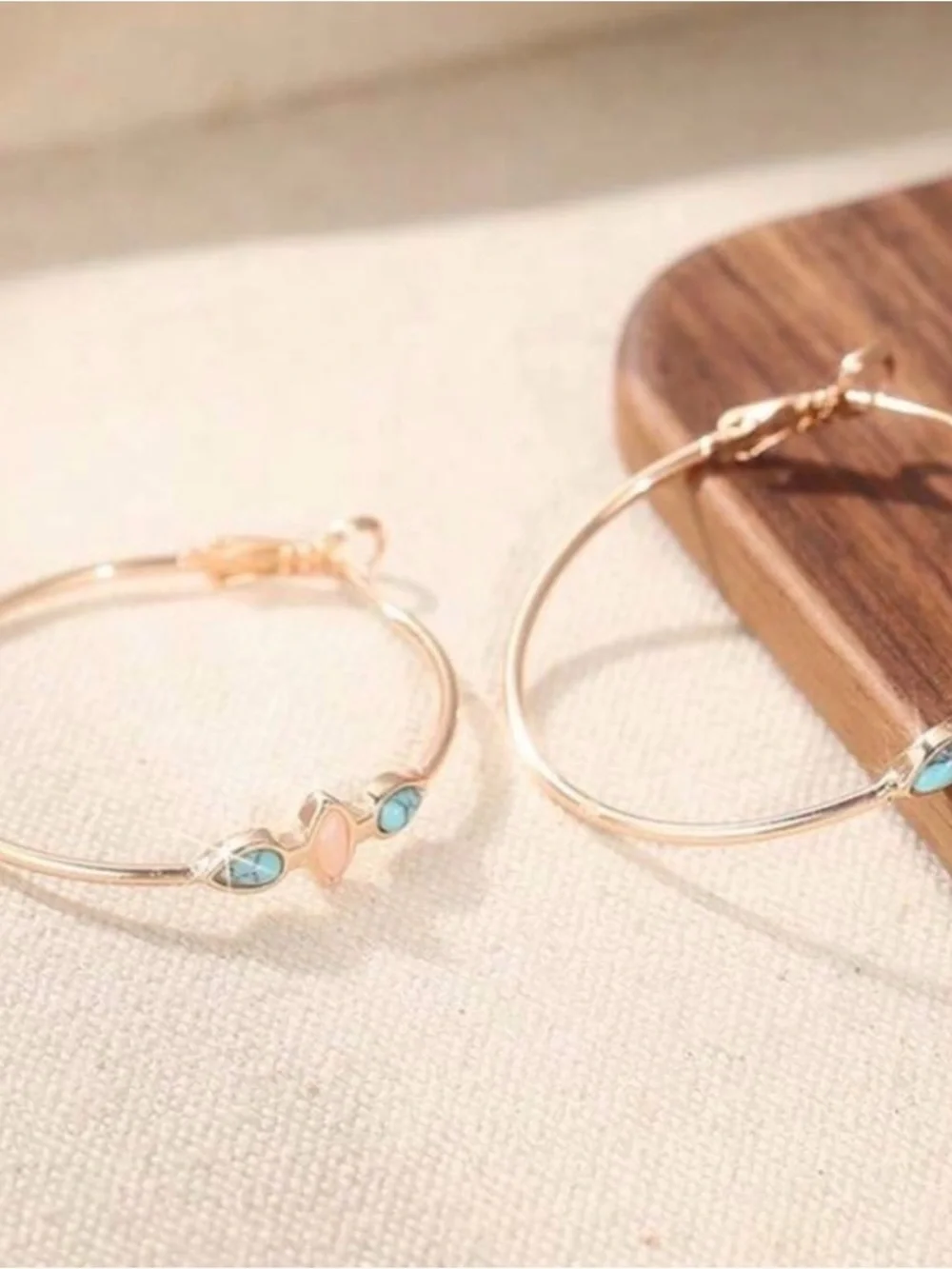 Gold Hoop Earrings with Turquoise and Peach Stone Accents